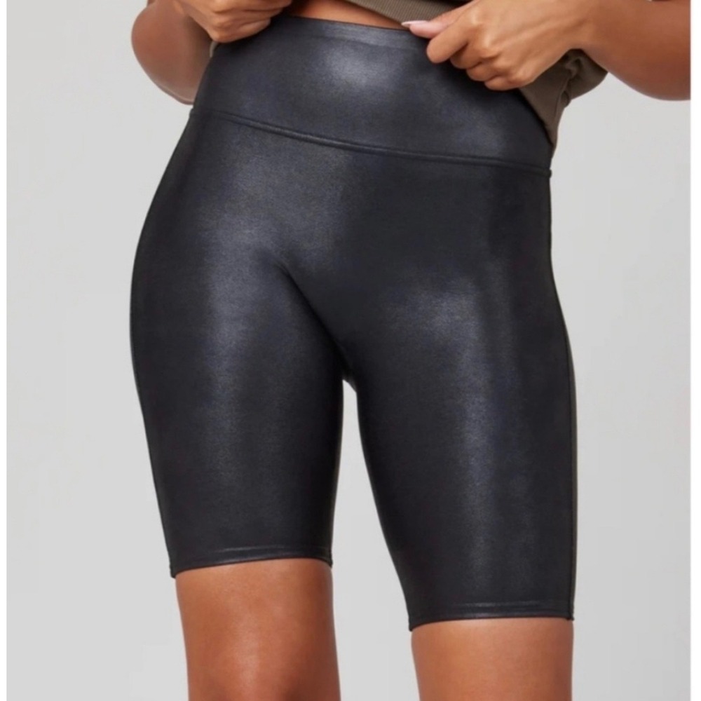 Spanx Faux Leather Bike Shorts Women L Black High Rise Tummy Control Athletic
